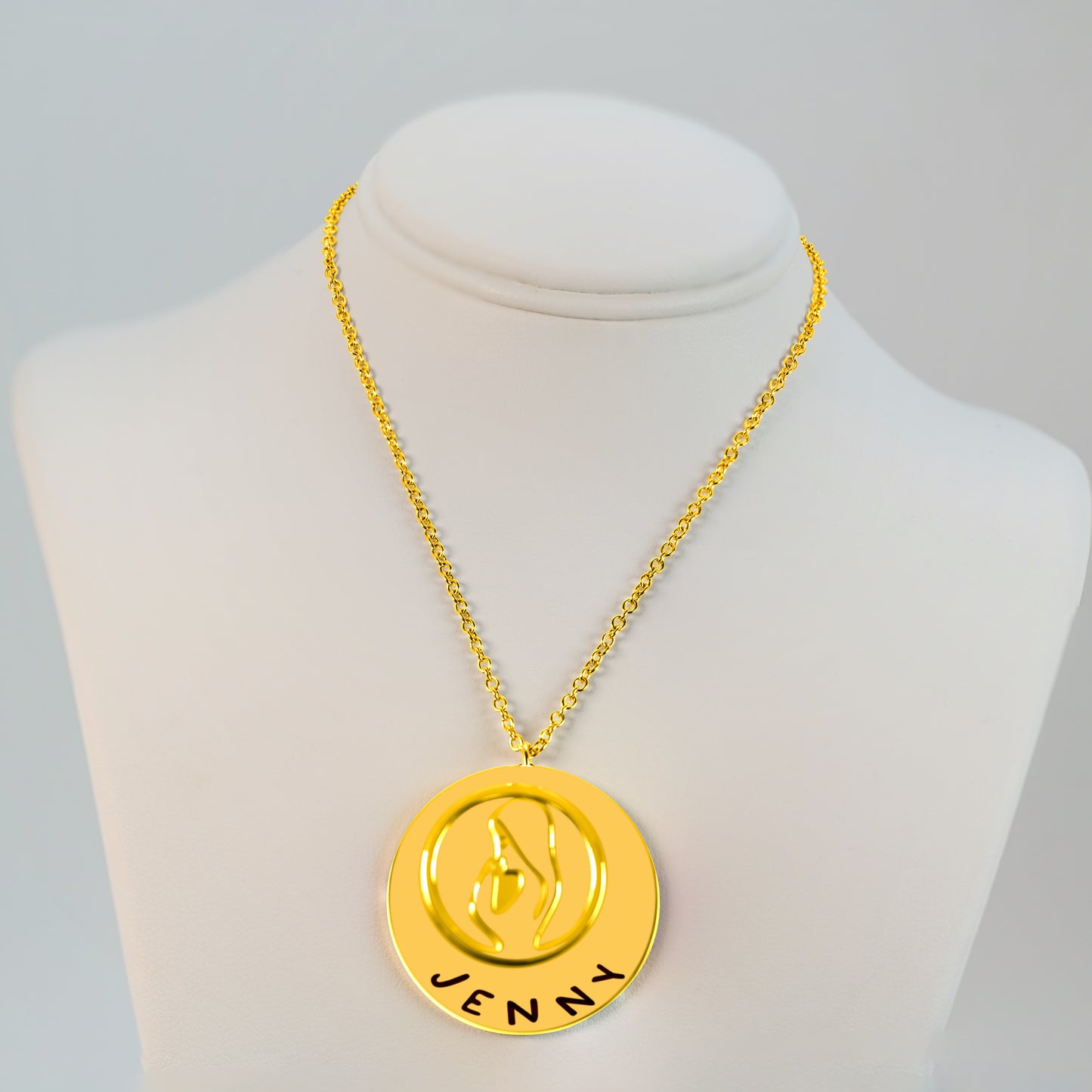 1 Holy Mary Pendant (20mm) & 1 Personalized Pendant (30mm x 1.5mm) On a 18K Vermeil Necklace