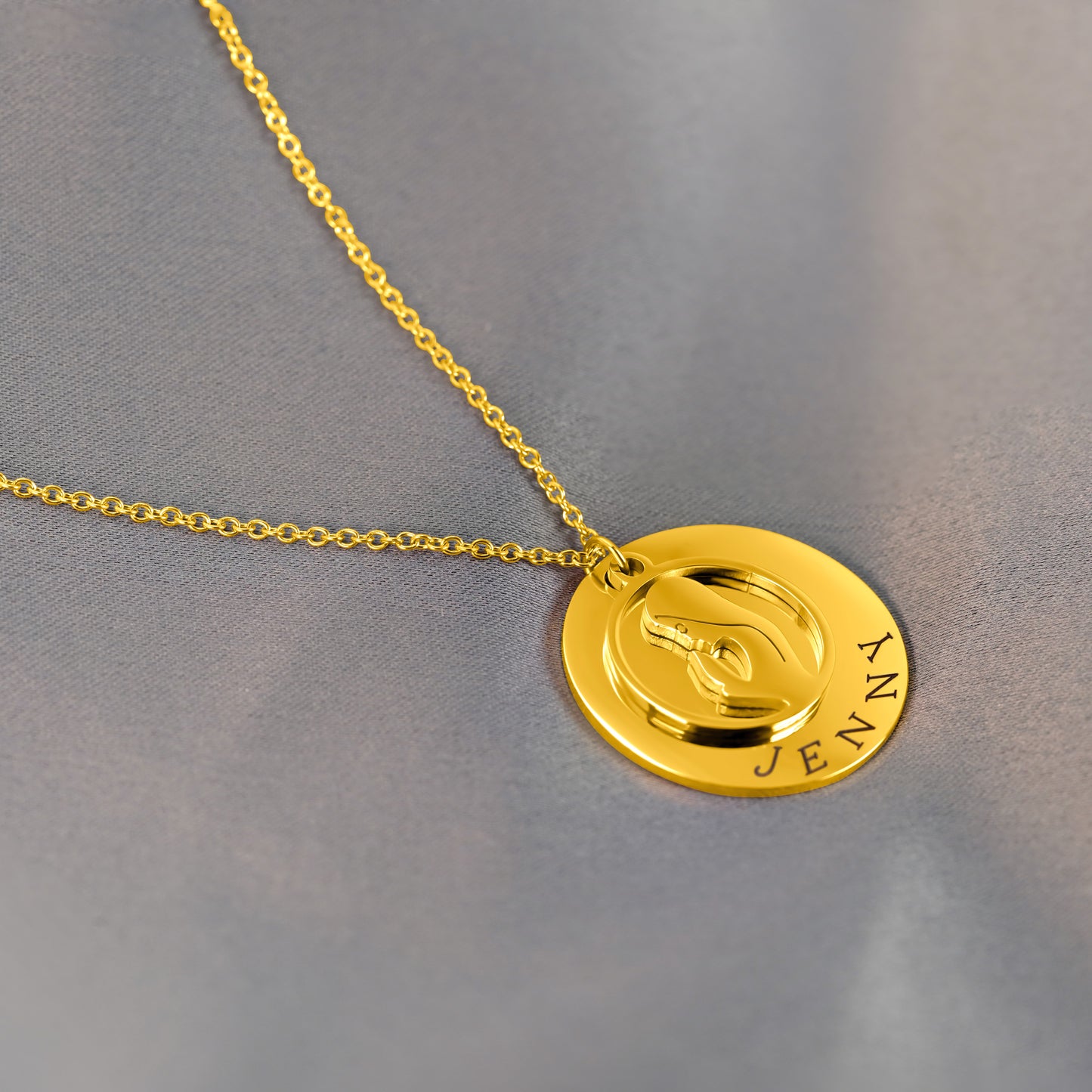 1 Holy Mary Pendant (20mm) & 1 Personalized Pendant (30mm x 1.5mm) On a 18K Vermeil Necklace