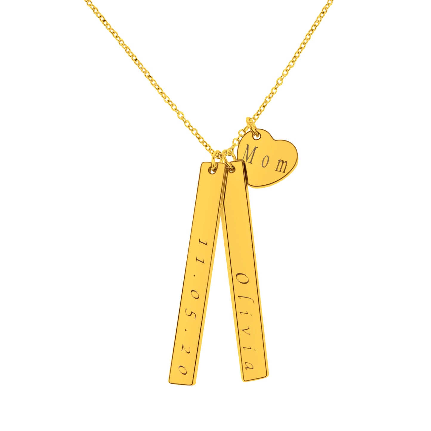 2 Bars (50mm x 6mm x 1.5mm) & 1 Heart Pendant Personalized (14mm x 12.5mm) On a 18K Vermeil Necklace