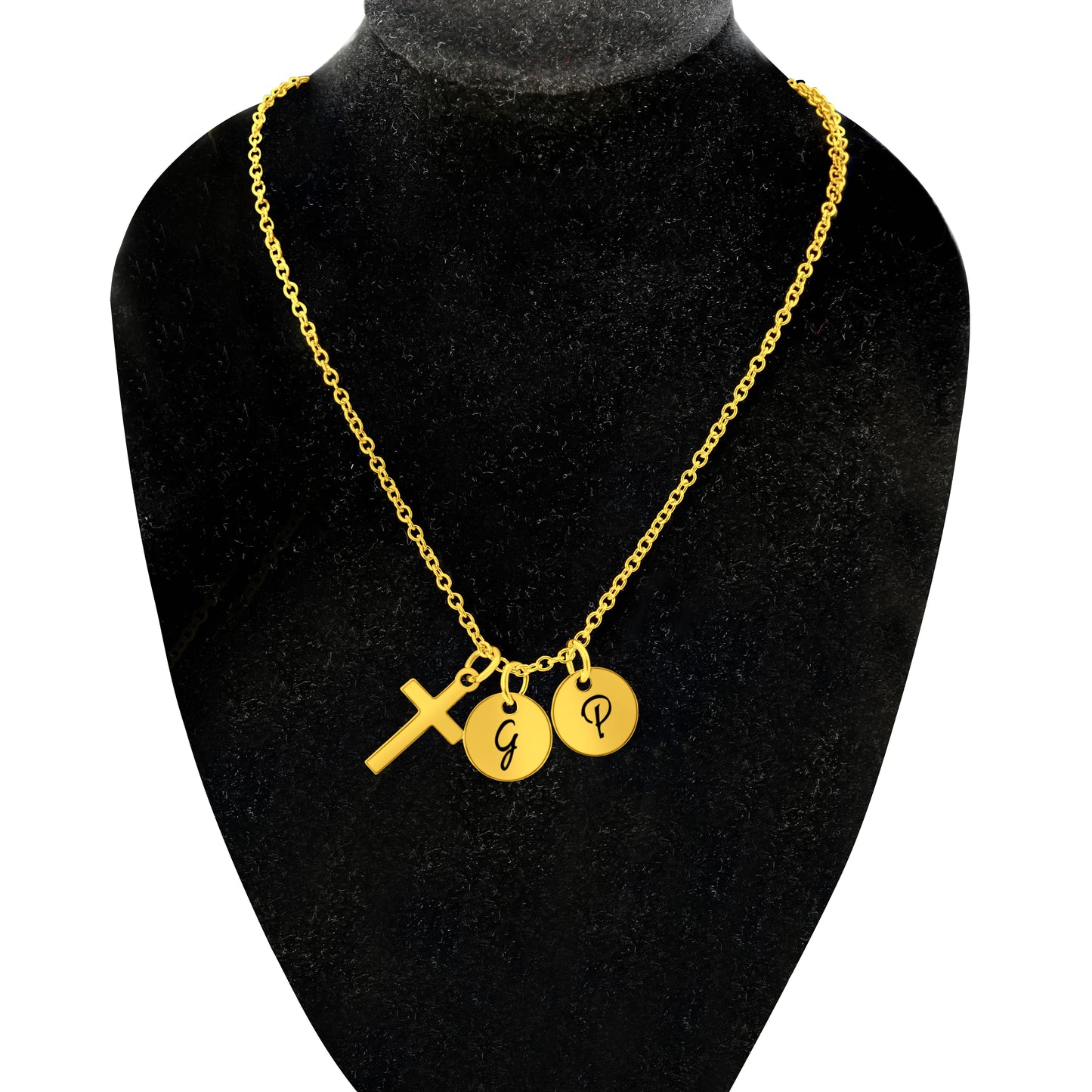 2 Circular Pendants (10mm) & 1 Holy Cross ( 9mm x 19mm x 1mm thick) On a 18K Vermeil Necklace