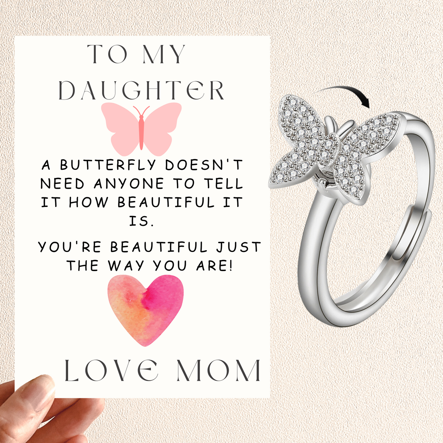 To My Daughter Full Butterfly Fidget Spinner Ring
