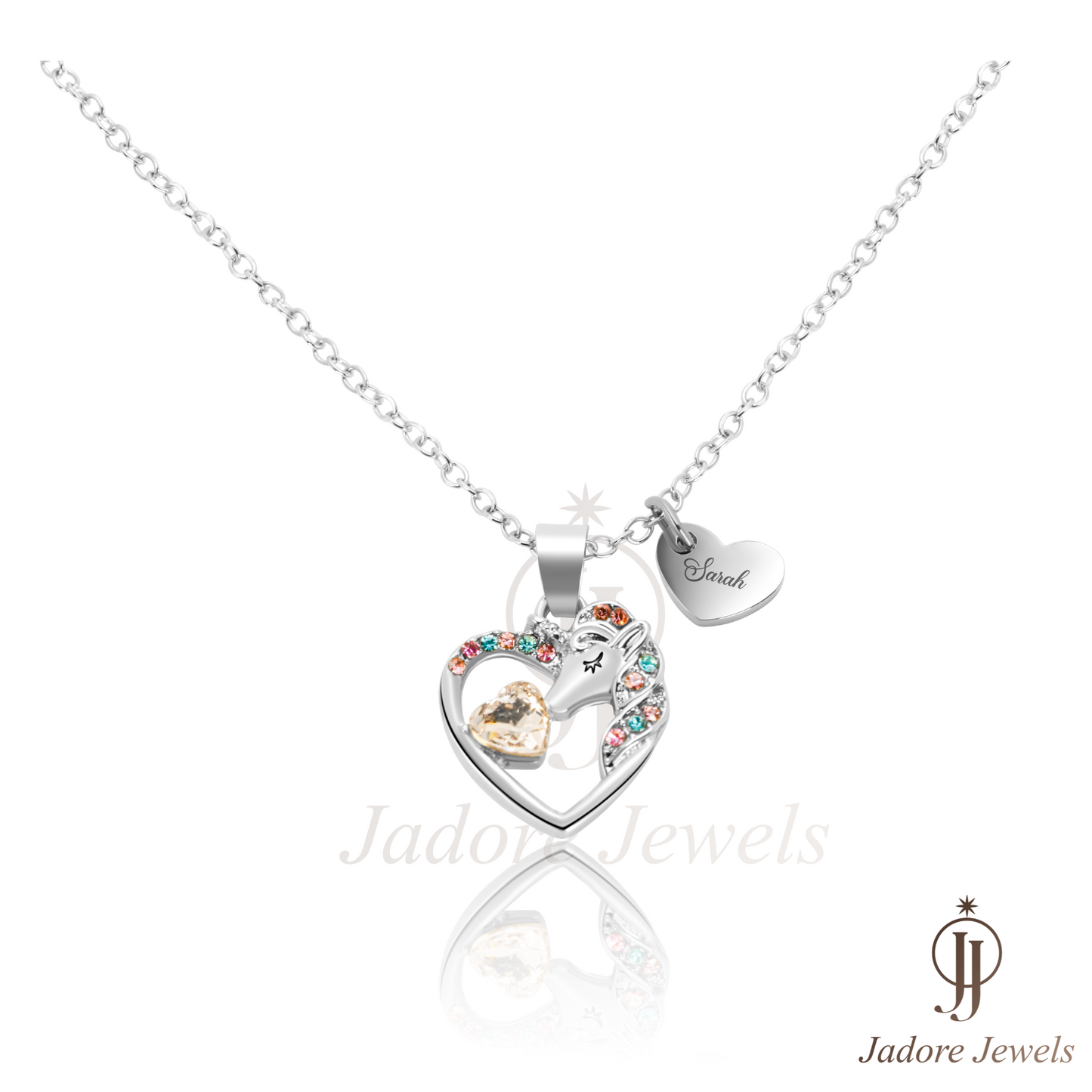 Unicorn Name Necklace (11.5mm x 29mm) W/ A Personalized Heart on Gold or Silver Color On an 18K Gold plated Necklace (17.5")