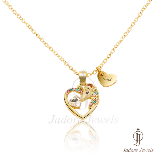 Unicorn Name Necklace (11.5mm x 29mm) W/ A Personalized Heart on Gold or Silver Color On an 18K Gold plated Necklace (17.5")